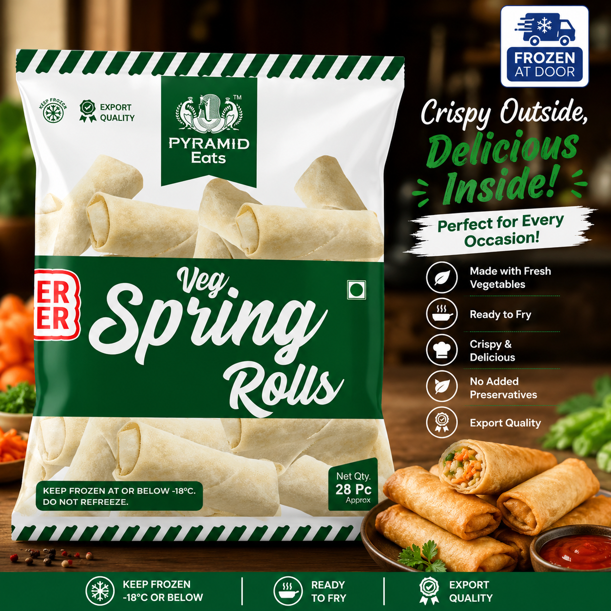 Pyramid Eats Veg Spring Rolls – Frozen Ready-to-Fry Vegetable Spring Rolls 1kg