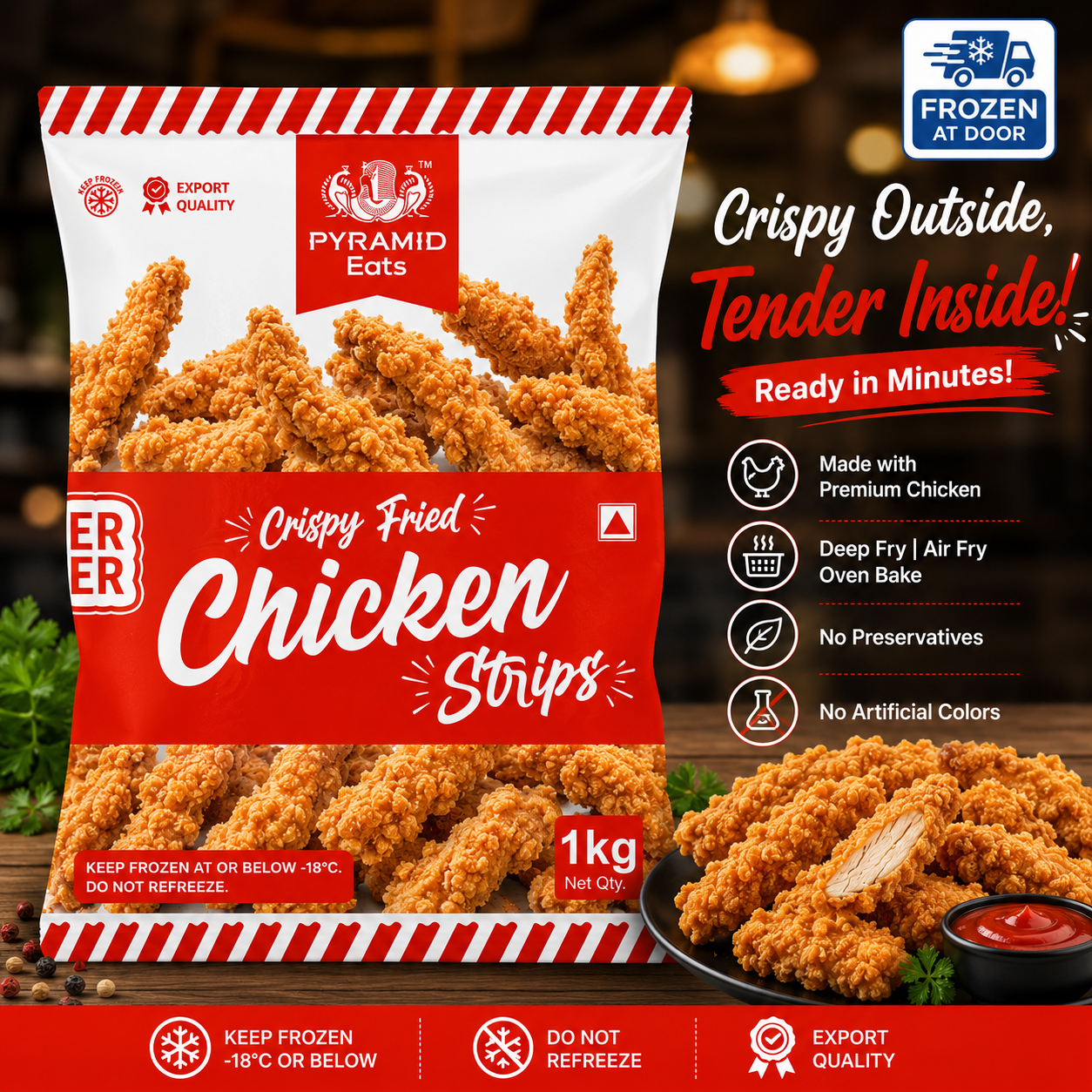 Pyramid Eats Crispy Fried Chicken Strips – Frozen Ready-to-Cook Chicken Strips (1kg)