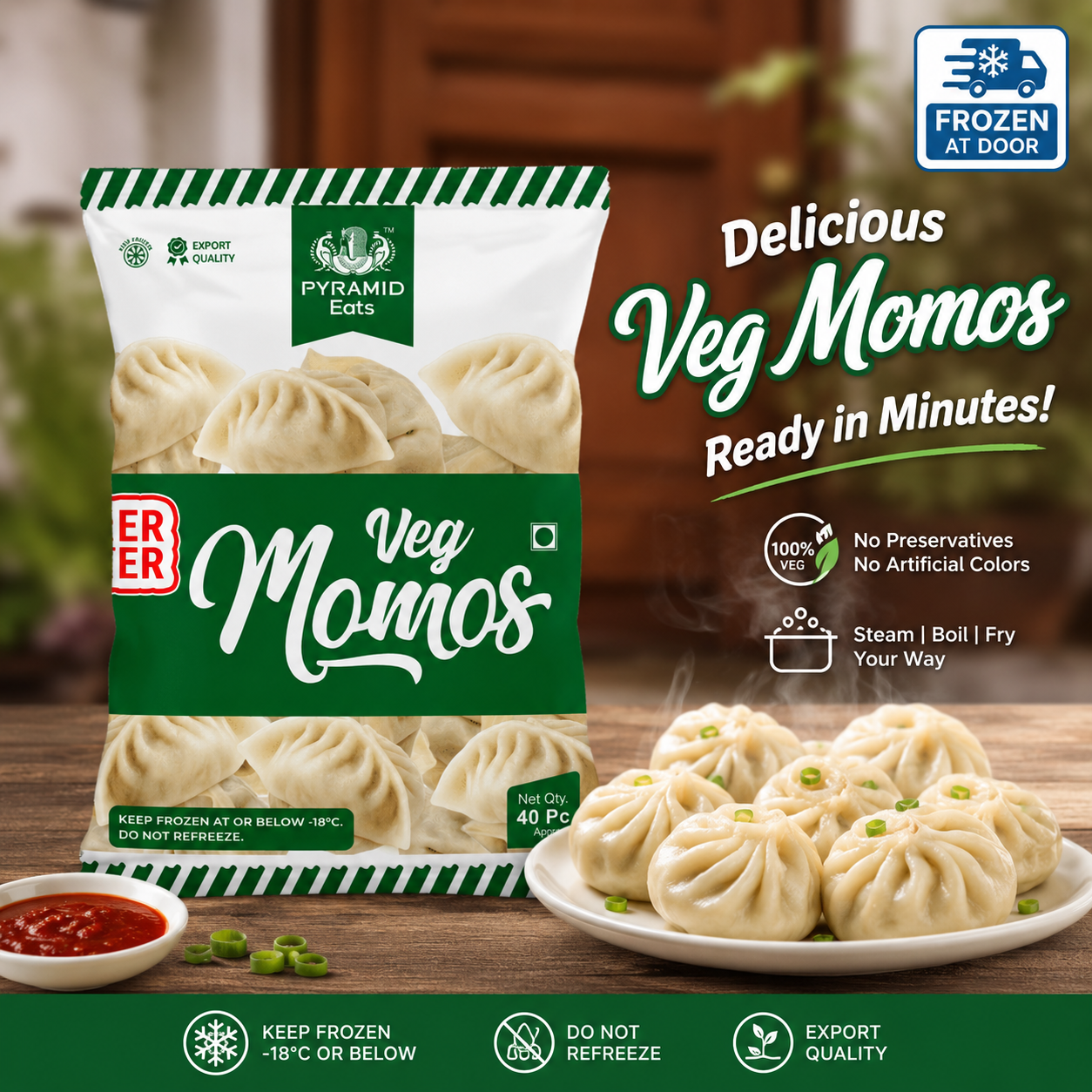 Pyramid Eats Veg Momos – Frozen Ready-to-Cook Veg Dumplings