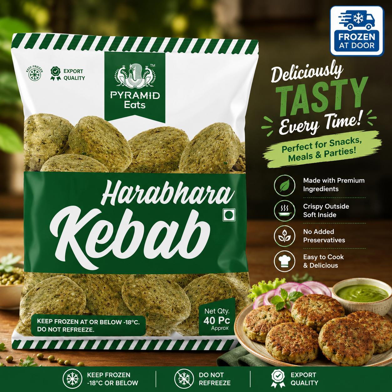 Pyramid Eats Harabhara Kebab – Frozen Ready-to-Cook Veg Kebabs 1kg