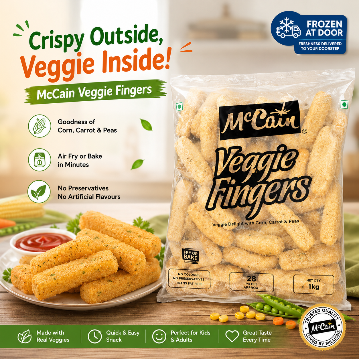 McCain Smiles 1kg – Crispy Smiley Potato Snacks | Ready to Fry, Bake & Air Fry