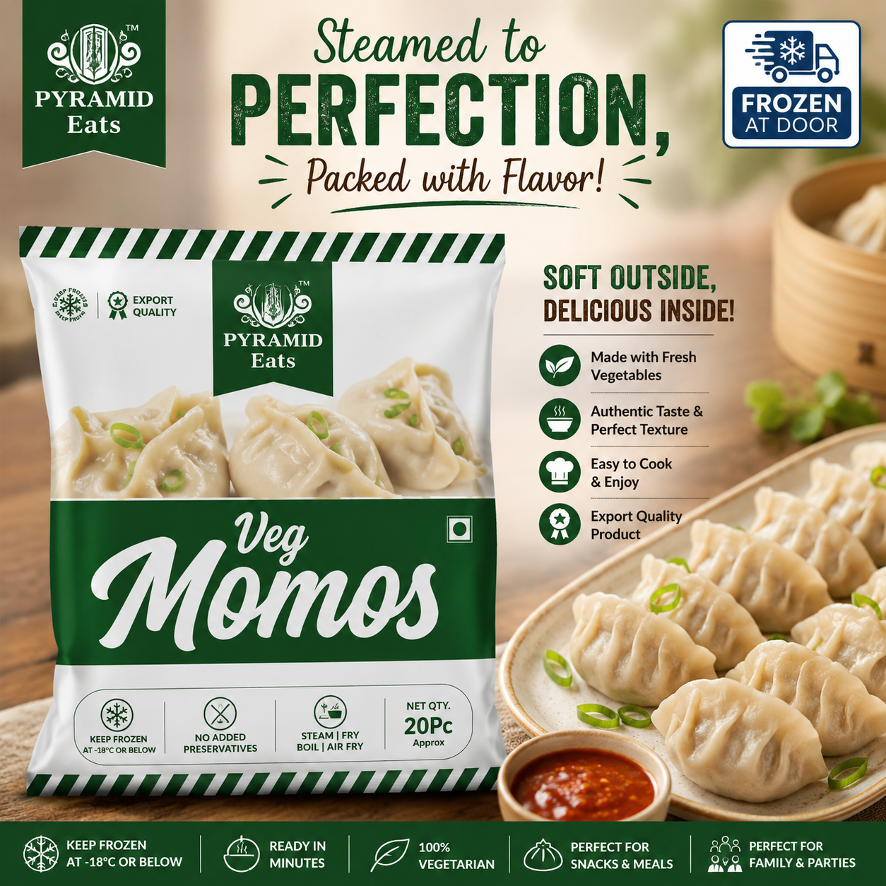 Pyramid Eats Veg Momos – Frozen Ready-to-Cook Vegetable Dumplings