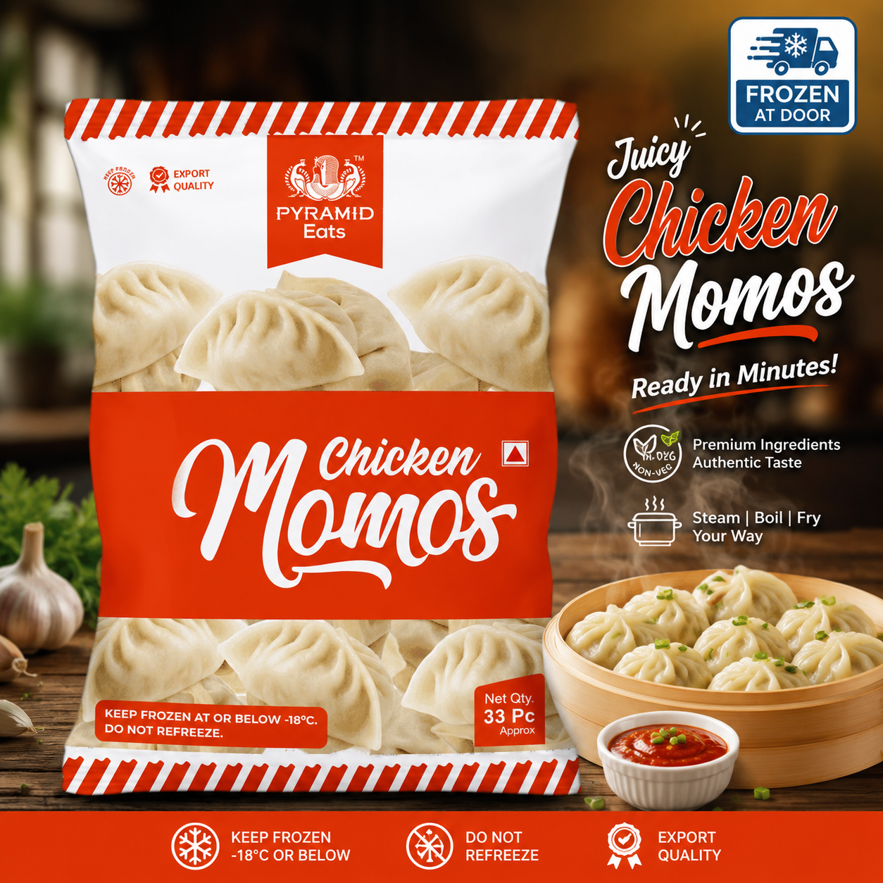 Pyramid Eats Chicken Momos – Frozen Ready-to-Cook Chicken Dumplings 1kg