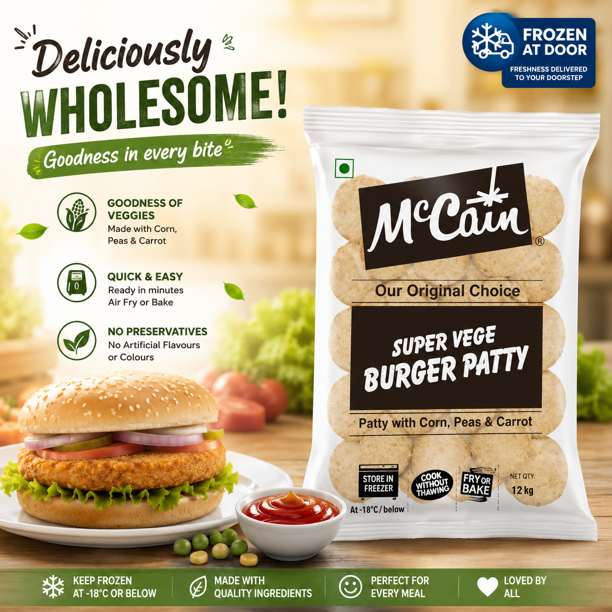 McCain Super Vege Burger Patty 1.2kg – Premium Frozen Veg Burger Patties | Ready to Fry, Bake & Air Fry