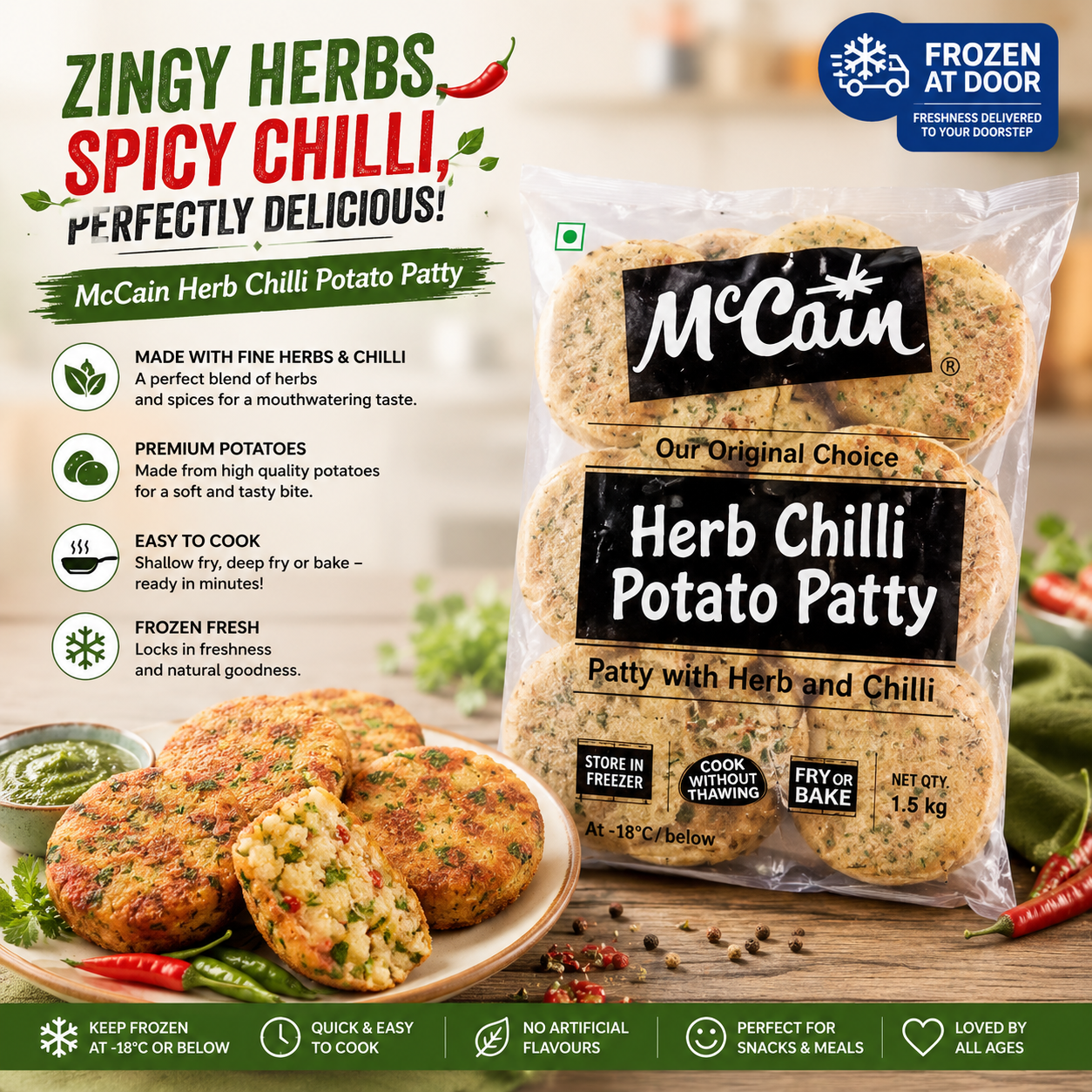 McCain Herb Chilli Potato Patty 1.5kg – Spicy Herb & Chilli Potato Patties | Ready to Fry, Bake & Air Fry