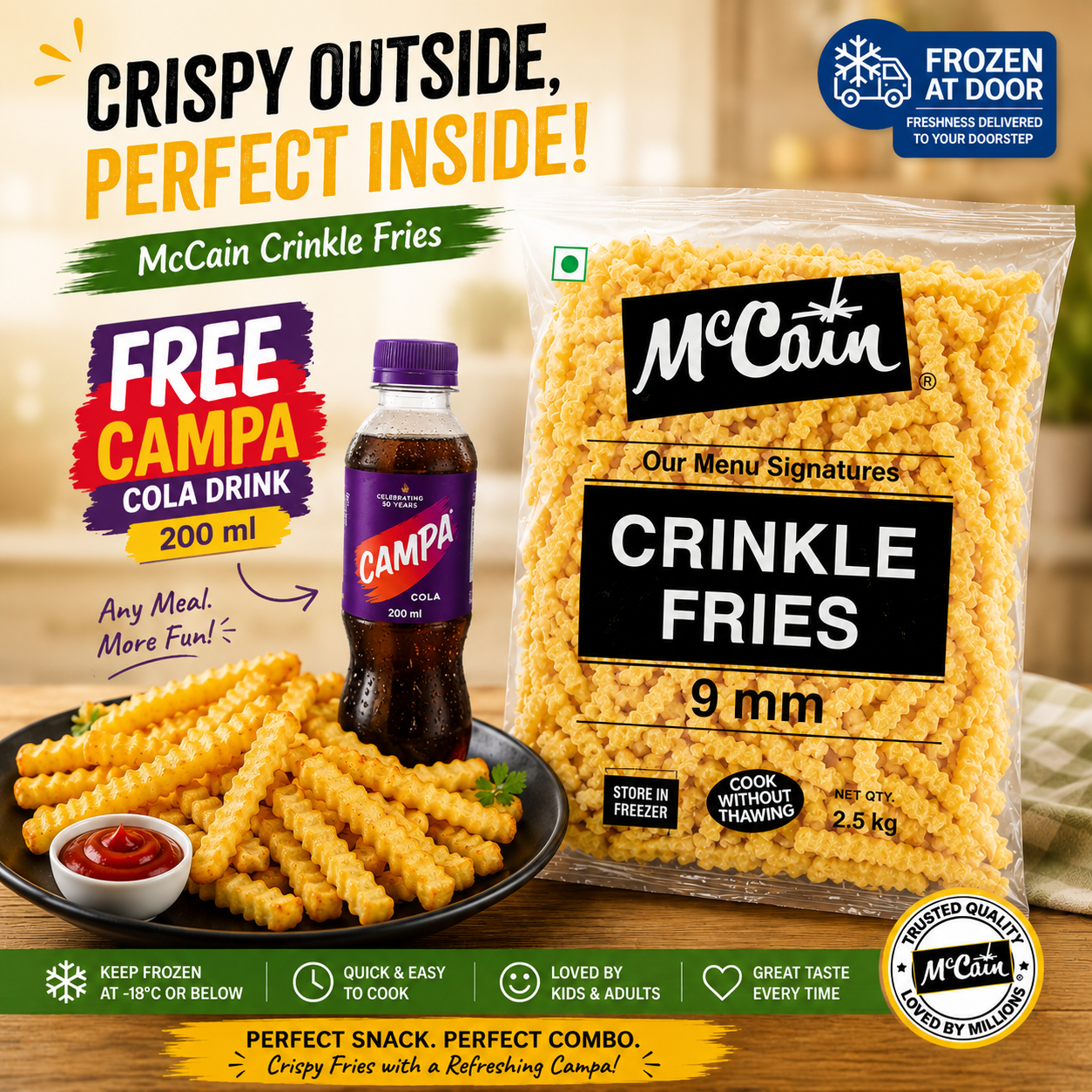 McCain Crinkle Fries 2.5kg + FREE Campa Cola 200ml Bottle – Crispy Frozen French Fries Combo Pack