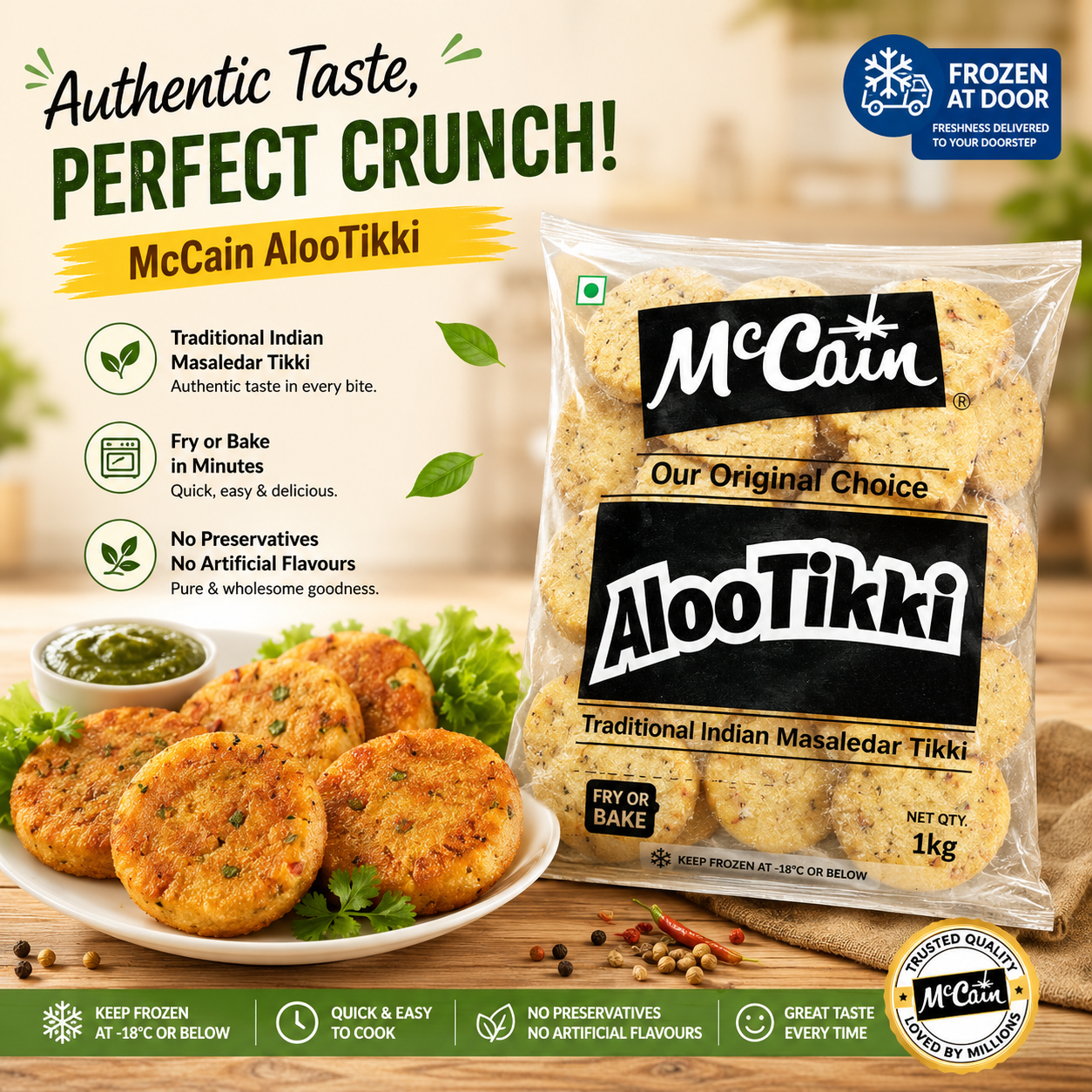 McCain Aloo Tikki 1kg – Traditional Indian Masaledar Potato Patties | Ready to Fry & Bake