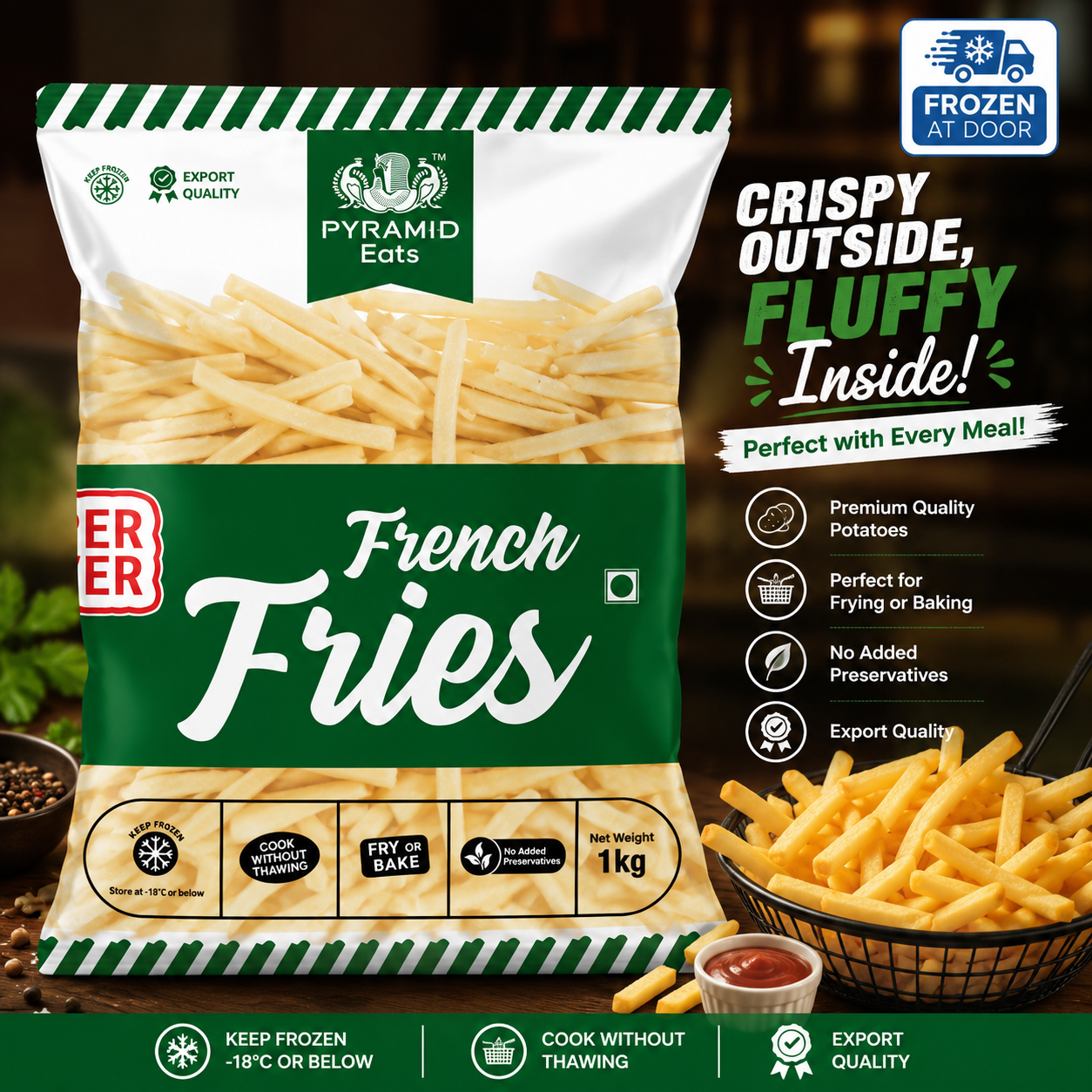 Pyramid Eats French Fries – Premium Frozen Ready-to-Cook French Fries (1kg)